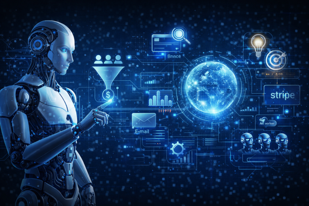 AI business automation platform showing features like funnels email marketing payments and AI workflow system