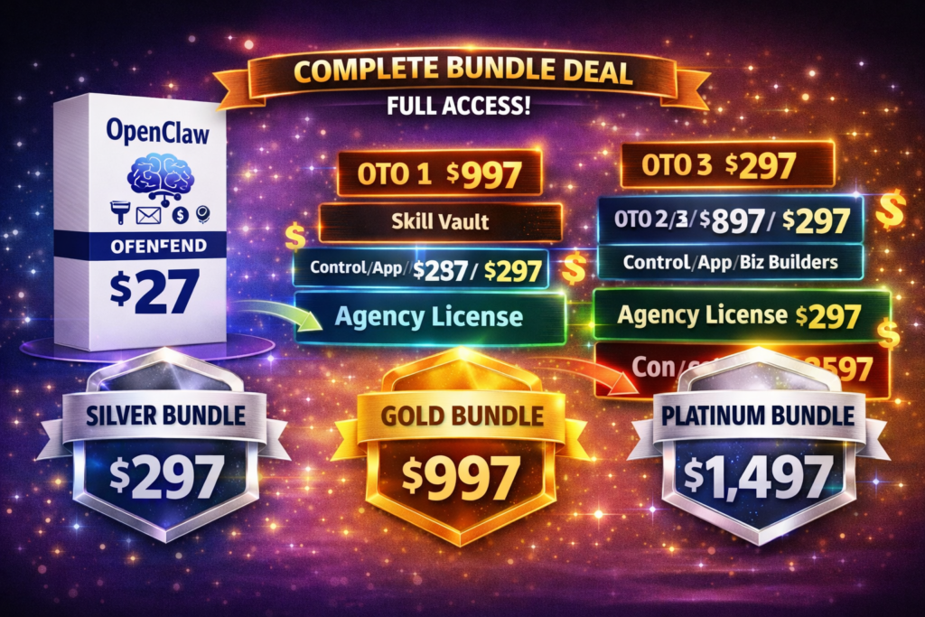 OpenClaw Cracked bundle pricing showing silver gold and platinum packages with full access to AI business automation system